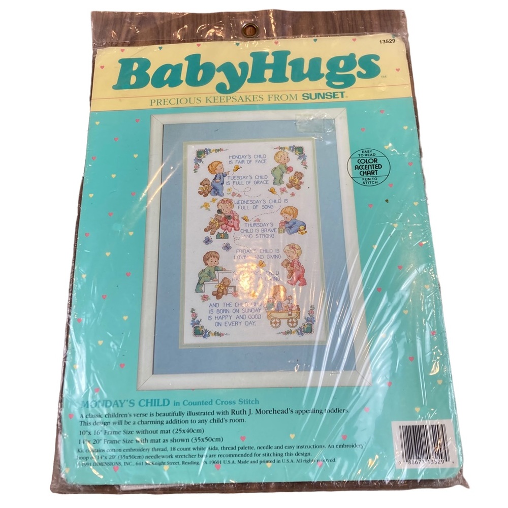 Vintage Monday’s Child Counted Cross Stitch Kit Baby Hugs by Sunset